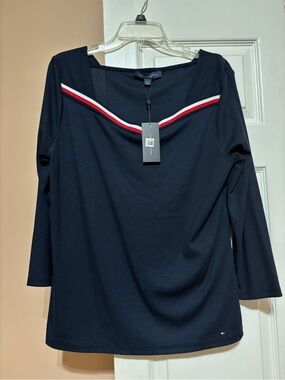 Tommy Hilfiger Navy Long-Sleeve Top with Red & White Chevron Trim